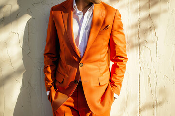A man in an orange suit stands in front of a white wall. Concept of formality and elegance