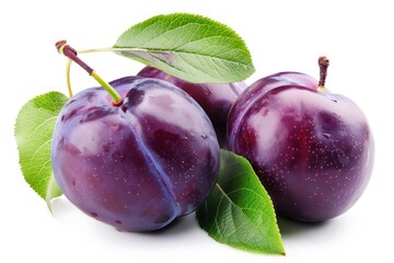 Ripe purple plums with leaves isolated on a white background