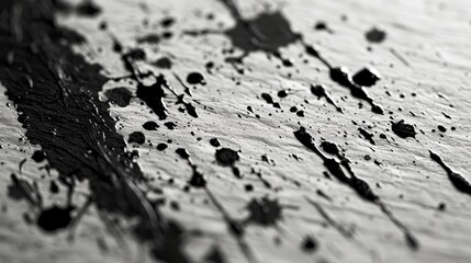 A black and white photo of a messy, splattered surface. Concept of chaos and disorder, with the black paint splatters covering the entire surface. Scene is one of disarray and confusion - obrazy, fototapety, plakaty