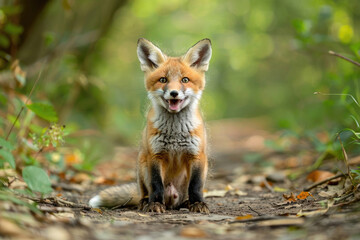 A cheeky red fox cub with a mischievous grin and big, fluffy ears