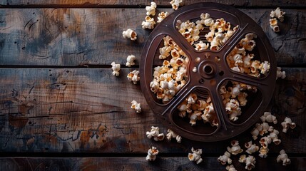 The concept of a vintage film reel with popcorn is displayed on a wooden surface