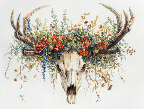 An artistic representation of a deer skull entwined with wildflowers and ivy painted in watercolor