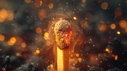 A matchstick is lit and the flame is glowing. The image has a moody and dramatic feel to it, as the fire is surrounded by a lot of smoke and sparks