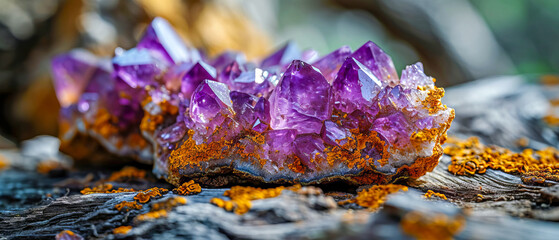 Lustrous raw amethyst crystal clusters nestled among rocks, displaying their natural purple splendor