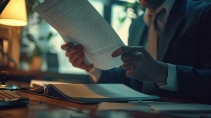 Close-up shot of a businessman's hand flipping through a document report with a focused expression, desk cluttered with papers - obrazy, fototapety, plakaty