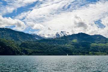 View on beautiful lake Luzern and Swiss alps from small village of Gersau in Switzerland