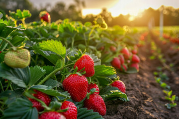 Lush strawberry plants bearing ripe fruit during a serene sunset, capturing the beauty of sustainable agriculture
