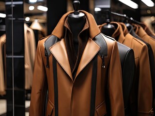 luxury Many brown colour black man coat for sale in luxury modern shop boutiques.,, coat details. - obrazy, fototapety, plakaty