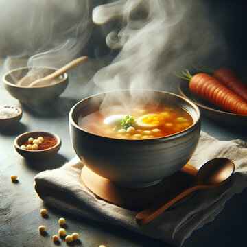 Photo real for Capturing the steam rising from a bowl of hearty soup Close-up shots highlighting the comforting steam as it rises from a bowl of soup in eater theme ,Full depth of field, clean bright 