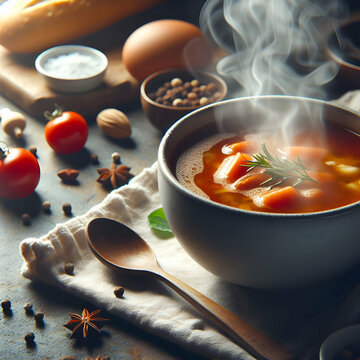 Photo real for Capturing the steam rising from a bowl of hearty soup Close-up shots highlighting the comforting steam as it rises from a bowl of soup in eater theme ,Full depth of field, clean bright 