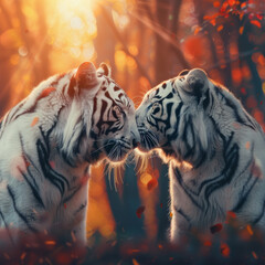 Dos tigres blancos al atardecer. - obrazy, fototapety, plakaty
