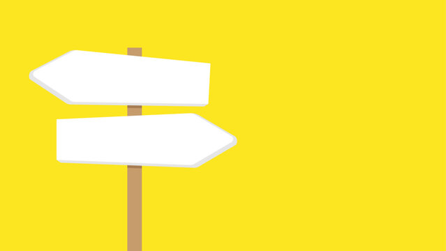 Two blank signposts pointing in opposite directions. One sign points to the right and the other sign points to the left. Road sign on yellow background.