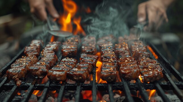 A man grills meat on a barbecue