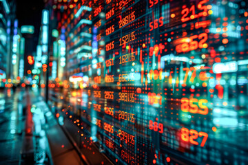 Composite image showing trading market data on a virtual screen above coin currency