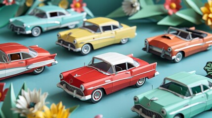 A row of paper cars are lined up on a table. The cars are of different colors and sizes, and they are arranged in a way that creates a sense of order and organization