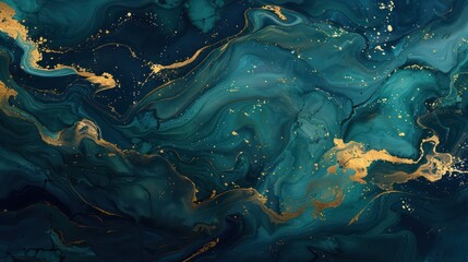 A mesmerizing abstract image featuring swirling patterns of gold and turquoise resembling fluid art with a luxurious feel and rich textures