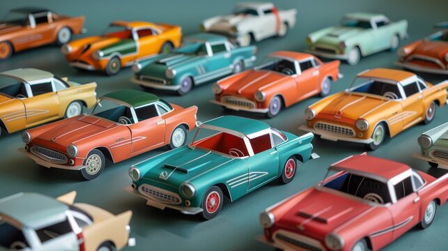 A row of paper cars are lined up on a table. The cars are of various colors and sizes, including a green car and a red car. Concept of nostalgia and childhood memories