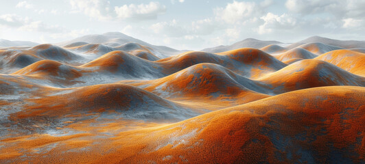 A mesmerizing landscape of rolling hills in orange and grey hues, illuminated by soft sunlight casting gentle shadows.