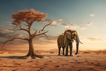 a lonely elephant near a tree in the African Savana - desert land drought dry land - obrazy, fototapety, plakaty