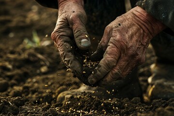 Calloused hands till the earth planting seeds in terraced fields - obrazy, fototapety, plakaty