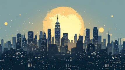A city skyline with a large moon in the background. The city is lit up at night, creating a moody and mysterious atmosphere