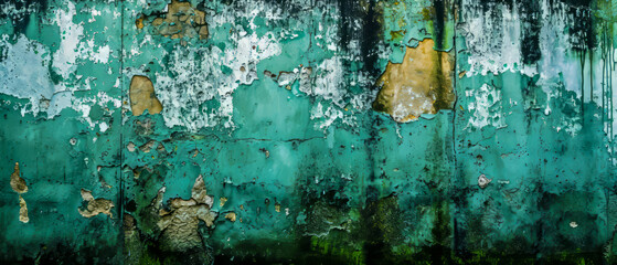 A wide view of an old wall with peeling green paint and rust stains, capturing the essence of decay and the passage of time - obrazy, fototapety, plakaty