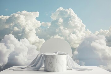 ceramic white pedestal podium surrounded by clouds, Luxury 3d minimalist white marble podium
