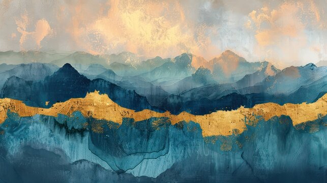 An artistic interpretation of a mountain landscape merging cool blue tones with warm golden hues, resembling a painting