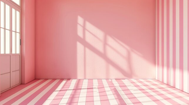  A pink room with a striped floor and a window casting a long shadow on both the wall and the floor, painted in pink and white