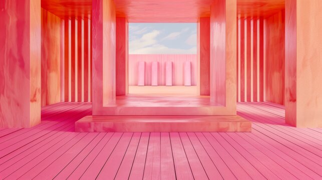  Pink room painting with columns, pink floor & pink walls