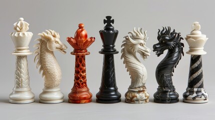 A row of chess pieces with a dragon head on the right. The pieces are white and black