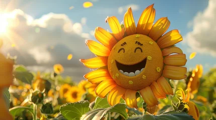 Gordijnen A cartoon sunflower with a big smile on its face. The sunflower is surrounded by many other sunflowers in a field. Scene is cheerful and happy © Sodapeaw