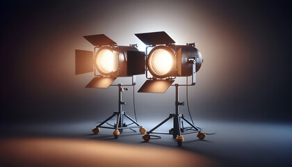 Movie studio setup with spotlights, High-powered spotlights in studio scene, TV studio setup with two spotlights, 3D illustration of professional TV studio