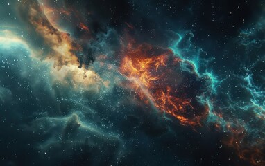 A captivating high-resolution image showcasing a cosmic nebula with a blend of fiery orange, cool blues, and speckles of stars, illustrating the beauty and vastness of space - obrazy, fototapety, plakaty