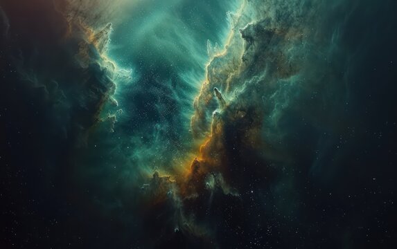 This captivating image showcases the mesmerizing beauty of cosmic clouds as they erupt in a dazzling display of orange and teal colors, evoking a sense of wonder