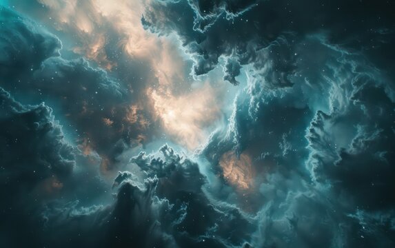 majestic and ethereal beauty of cosmic clouds swirling around a glowing celestial light, giving a sense of the infinite universe