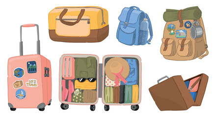 Travel luggage doodles collection. Set of suitcase, backpack, handbag. Vector illustration in cartoon style isolated on white.