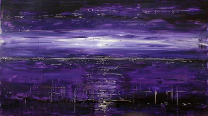Keuken spatwand met foto  A picture depicting a lavender sky above a watery landscape featuring an urban scenery at its base © Nadia