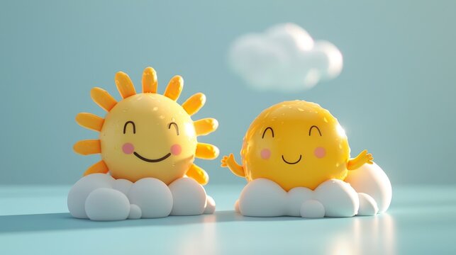 Two cartoon suns are smiling and looking up at the sky. The sky is filled with fluffy white clouds