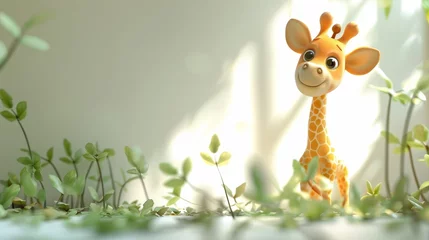 Meubelstickers A giraffe is standing in a field of green plants. The giraffe is smiling and looking at the camera. The scene is bright and cheerful, with the sun shining down on the giraffe and the plants © Sodapeaw