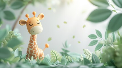 A giraffe is resting in a lush green field. The scene is peaceful and serene, with the giraffe looking content and relaxed. The bright colors of the giraffe and the green leaves create a sense of joy