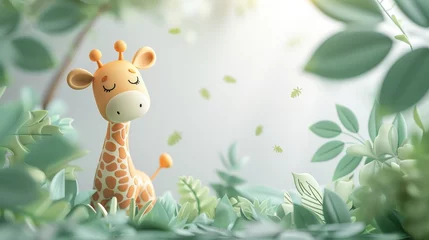  A giraffe is resting in a lush green field. The scene is peaceful and serene, with the giraffe looking content and relaxed. The bright colors of the giraffe and the green leaves create a sense of joy © Sodapeaw