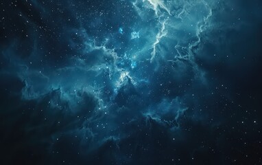 This mesmerizing image captures the vastness of a starry night sky peppered with the ethereal blue of nebula clouds, evoking a sense of wonder - obrazy, fototapety, plakaty