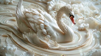 A white swan is swimming in a pool of white paint. The swan is surrounded by flowers and leaves, creating a serene and peaceful atmosphere. The painting captures the beauty - obrazy, fototapety, plakaty