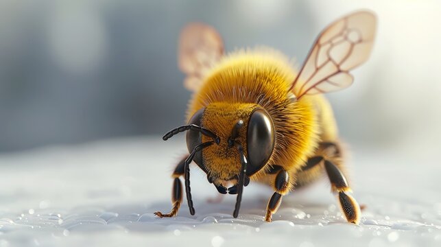 A close up of a bee with its wings spread out. The bee is yellow and fuzzy, and it is looking at the camera. The image has a warm and inviting mood, as if the bee is curious about the viewer