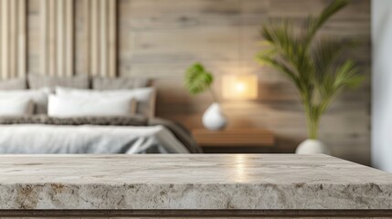 Stone table top with copy space. Bedroom background