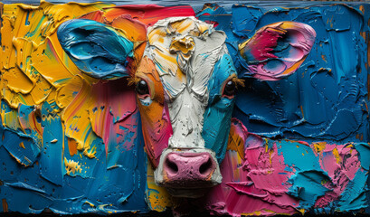  A multicolored cow's portrait with hues of blue, yellow, pink, and orange