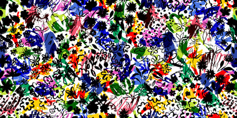 Bright colorful seamless pattern with abstract brush strokes, flowers, leaves, grass. Hand painted grunge, rough style.