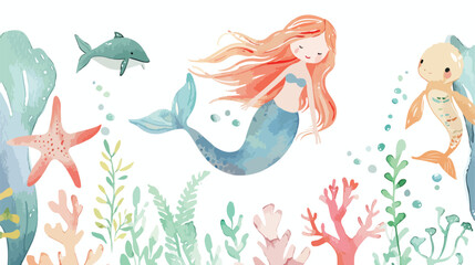Watercolor Illustration cute Mermaid and sea animal