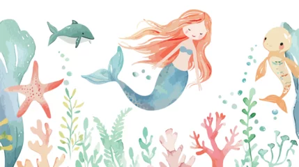 Papier Peint photo Lavable Vie marine Watercolor Illustration cute Mermaid and sea animal